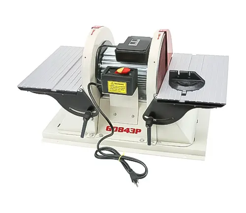 Grizzly G0843P 12-inch Double Disc Sander on white base