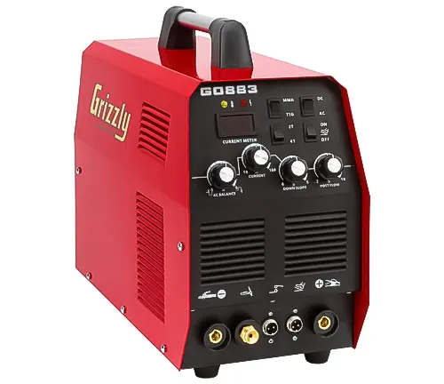Red and black Grizzly G0883 TIG welder with control panel and connectors