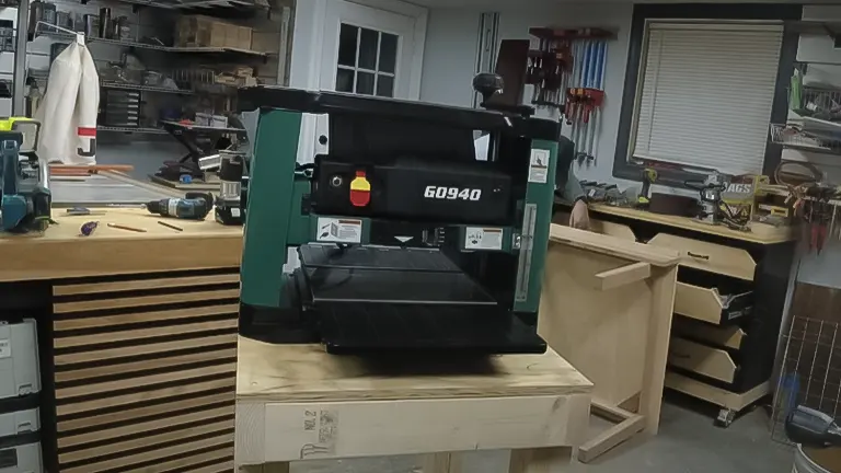 Grizzly G0940 benchtop planer positioned on a wood stand in a workshop setting
