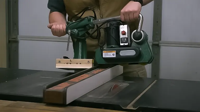 Person using a Grizzly power feeder on a table saw