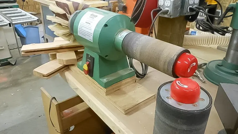 Grizzly G8749 sander on a workbench with wood pieces nearby