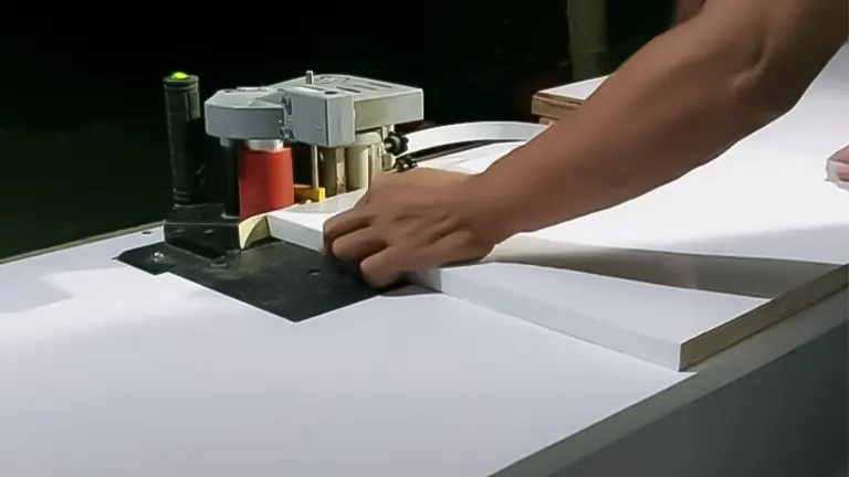 Person applying edge banding to a white tabletop using the Grizzly Industrial G0825 Portable Edgebander