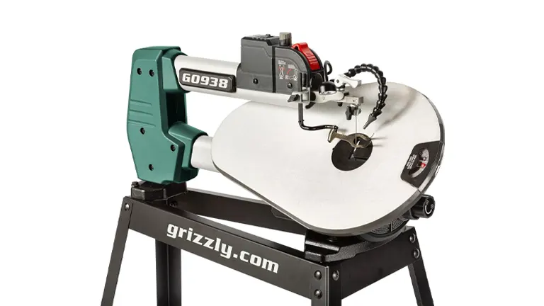 Grizzly Industrial G0938 18-inch scroll saw mounted on a black stand