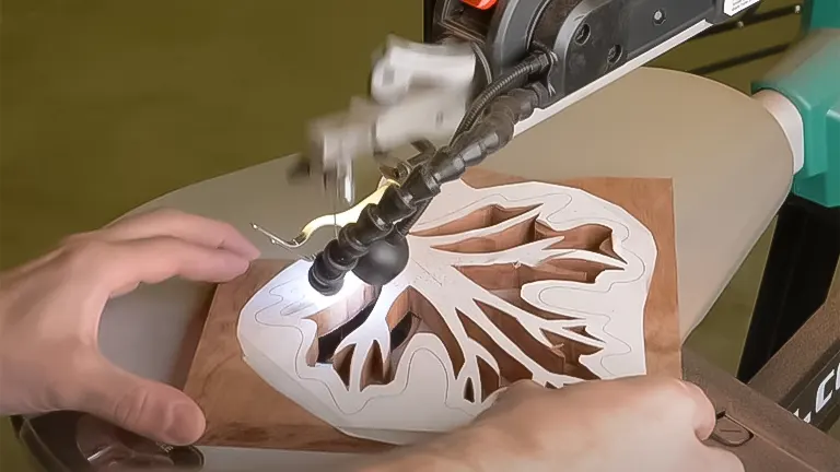 Hands guiding a piece of wood with an intricate leaf pattern being cut by a Grizzly Industrial G0938 scroll saw