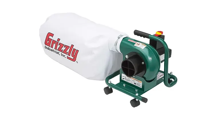Grizzly T33587 Mini Portable Dust Collector on wheels with a large filtration bag and green metal frame