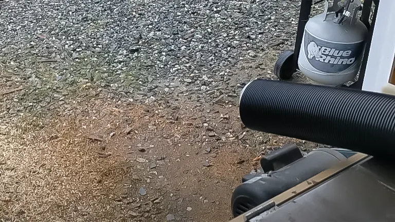 Close-up of a dust collection hose leading outdoors with a Blue Rhino propane tank in the background