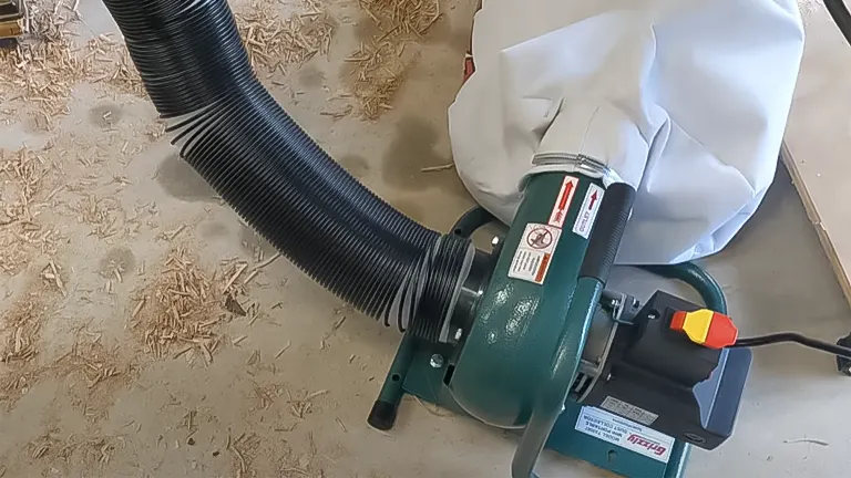 Grizzly T33587 Mini Portable Dust Collector with attached hose on a sawdust-covered floor