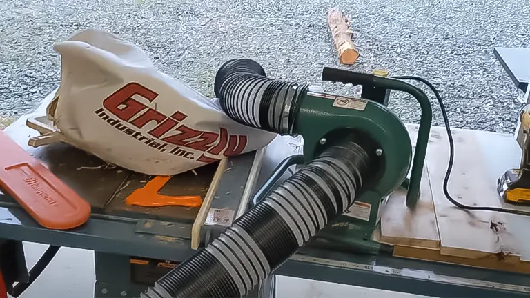 Grizzly T33587 Mini Portable Dust Collector set up on a workbench with dust collection bag and woodworking tools