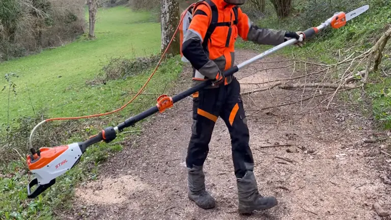 Person in safety gear using a STIHL long-reach hedge trimmer outdoors