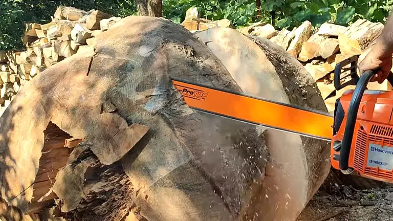 Husqvarna 3120 XP cutting log using tip with logs on the background