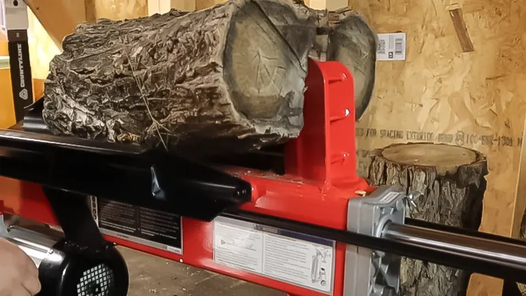 Large, rough log placed on a Central Machinery 5 ton electric log splitter, ready to be split