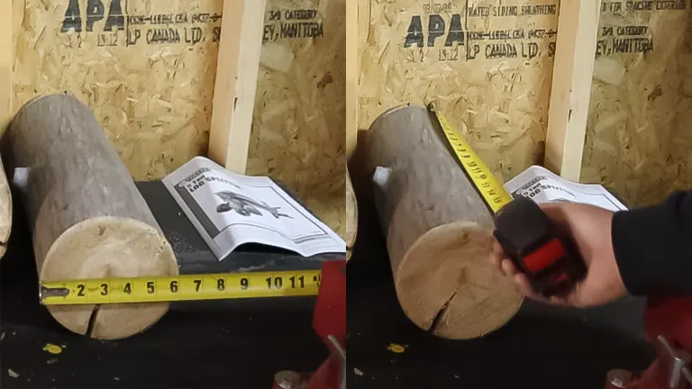 Measuring tape showing the length of a log next to an instruction manual for a Central Machinery 5 ton log splitter