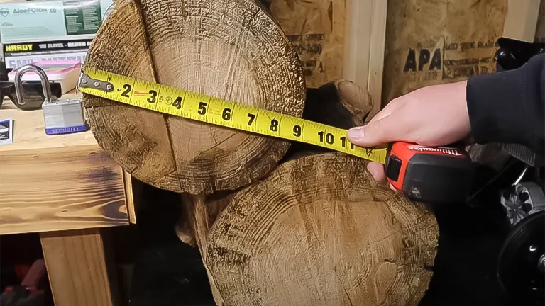 Hand holding a measuring tape against a large log to show its width in a workshop setting