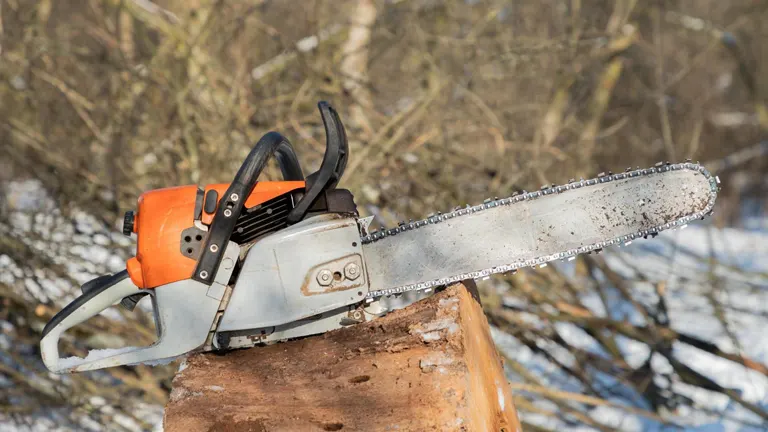 Chainsaw on a cut tree trunk in a snowy landscape.