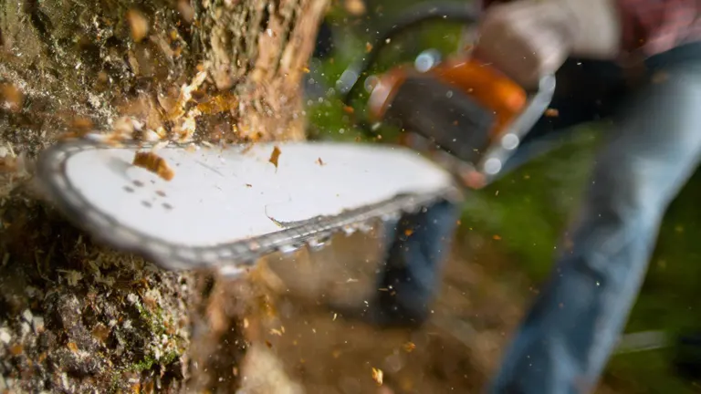 Chainsaw in action, cutting through a tree, illustrating cold seizures.