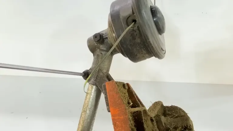 Close-up of a well-used angle grinder cutting through a clamped, rusty metallic object.