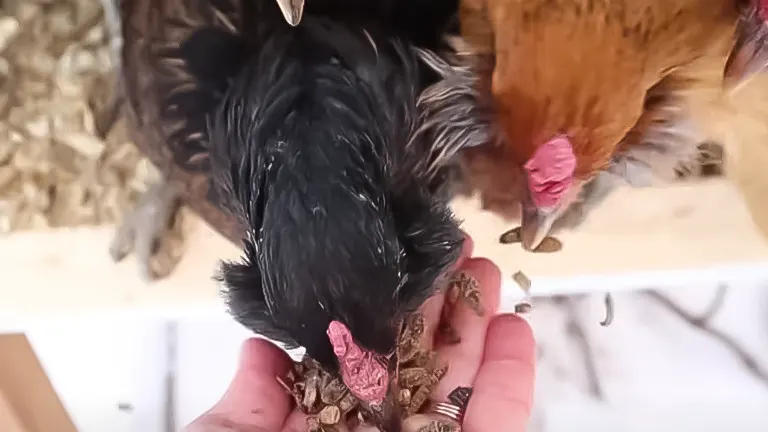 Chickens pecking at feed from a hand