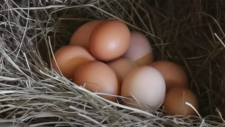 Fresh chicken eggs in a straw nest