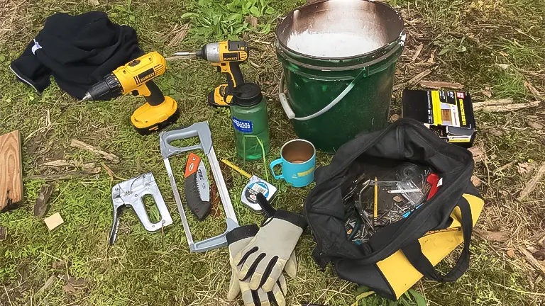 A collection of tools on grass, including a drill, saw, stapler, gloves, a bucket, water bottle, coffee mug, and a bag of hardware.