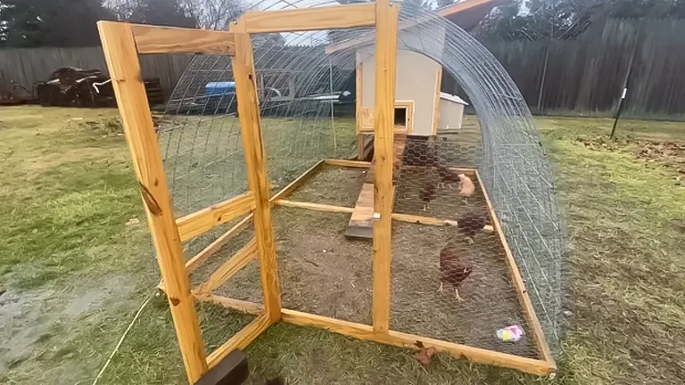Chickens in a grassy enclosure with a wooden frame and wire mesh, adjacent to a beige chicken coop with an arched doorway.