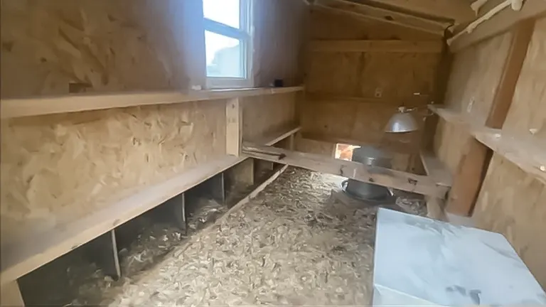Interior of a wooden chicken coop with nesting boxes, perches, and a bed of straw, lit by natural light from a window.