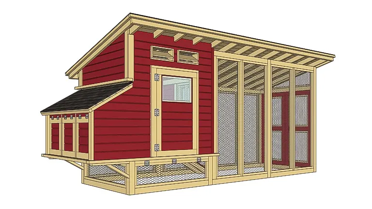 Illustration of a red and beige chicken coop with an extended mesh run and a gabled roof.