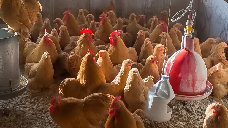 A flock of chickens in a coop with feeding equipment