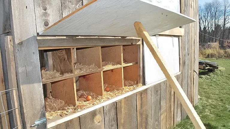 Chicken coop nesting boxes with an open hatch for ventilation and eggs visible inside