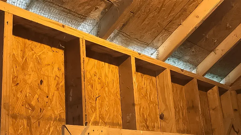 Interior view of a wooden chicken coop showing nesting boxes and mesh-covered ventilation near the roof