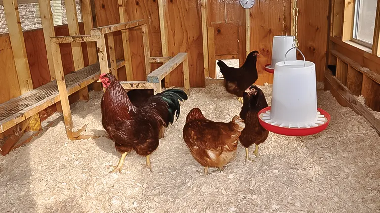 Chickens in a coop with fresh bedding, suggesting regular maintenance