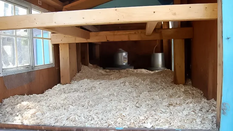Clean chicken coop with new bedding, under a roosting area