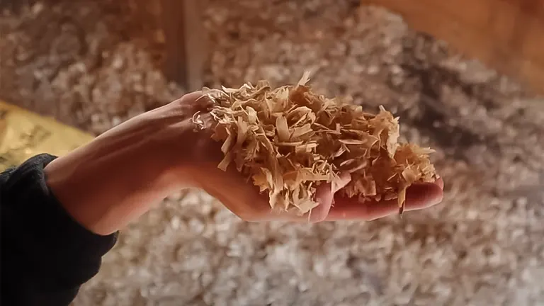 Hand holding wood shavings for chicken coop bedding