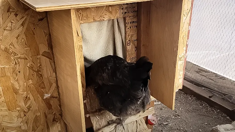Chicken in coop nesting box with mesh window
