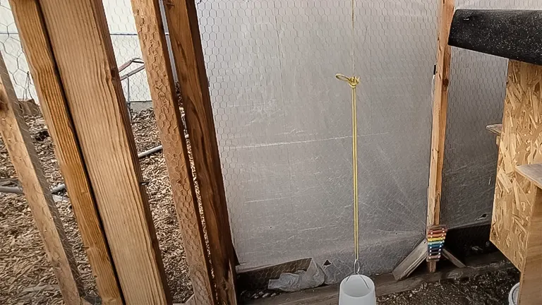 Interior of chicken coop with insulation, perch, and feeder
