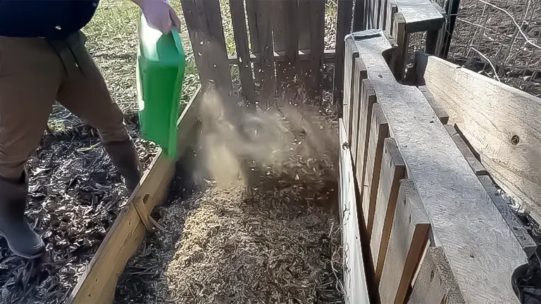 Person pouring diatomaceous earth in a chicken run for pest control