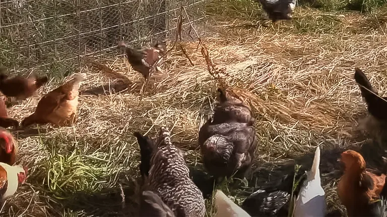 Chickens foraging on straw in a sunlit coop enclosure
