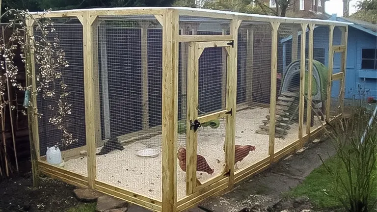 Spacious wooden chicken run with mesh walls and a door, housing several chickens