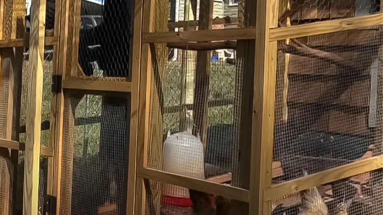Close-up of a wooden chicken run frame with mesh and a water feeder
