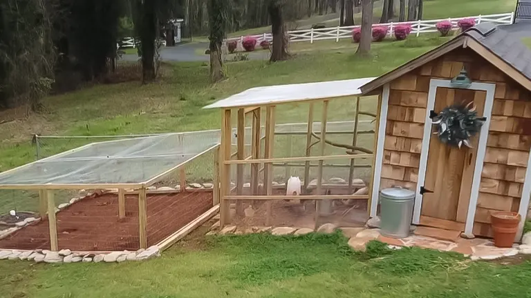 Wooden chicken coop with adjoining mesh-covered run