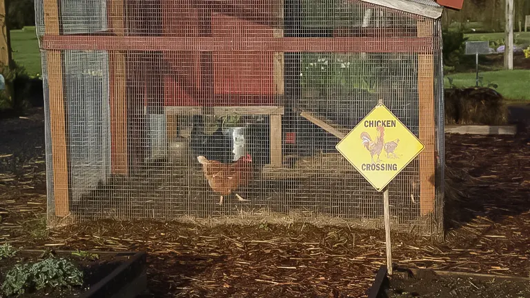 Chicken coop with wire mesh enclosure and a 'Chicken Crossing' sign