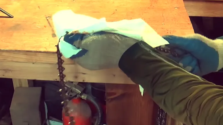 Man Cleaning Chainsaw chain using paper towel