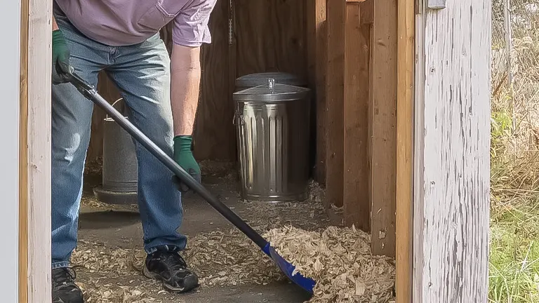 Person sweeping wood shavings inside a shed next to a metal trash can