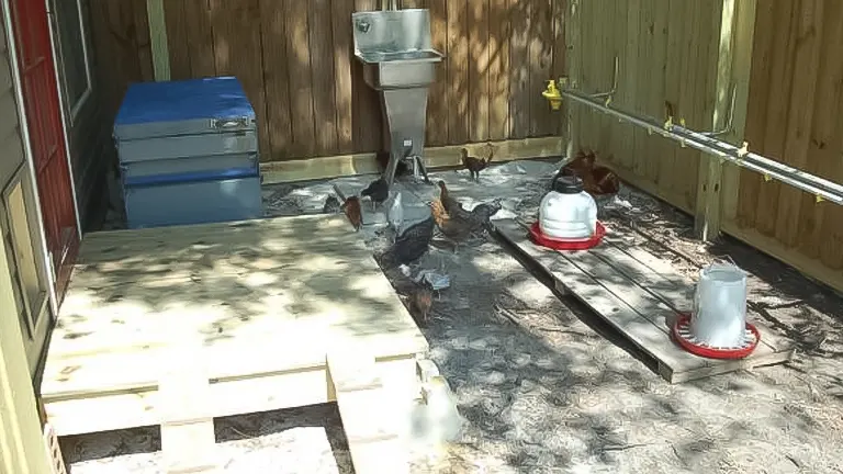 Chickens in a sunny outdoor enclosure with feeding equipment and a cooler