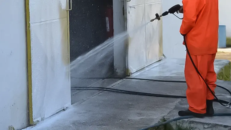 Person in orange protective gear power washing the entrance of a building