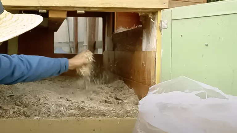 Person scattering fresh straw bedding in a wooden chicken nesting box