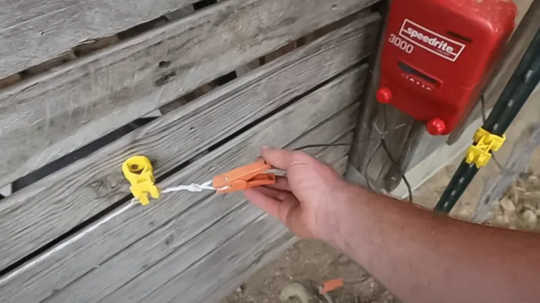 A person installing an electric fly control device in a chicken coop