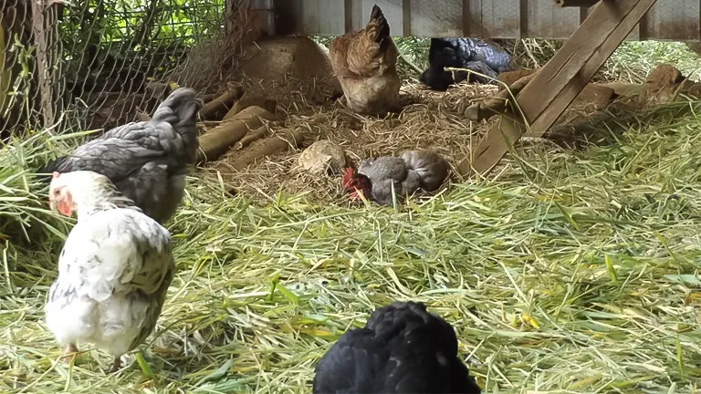 Chickens foraging in a straw-covered coop.