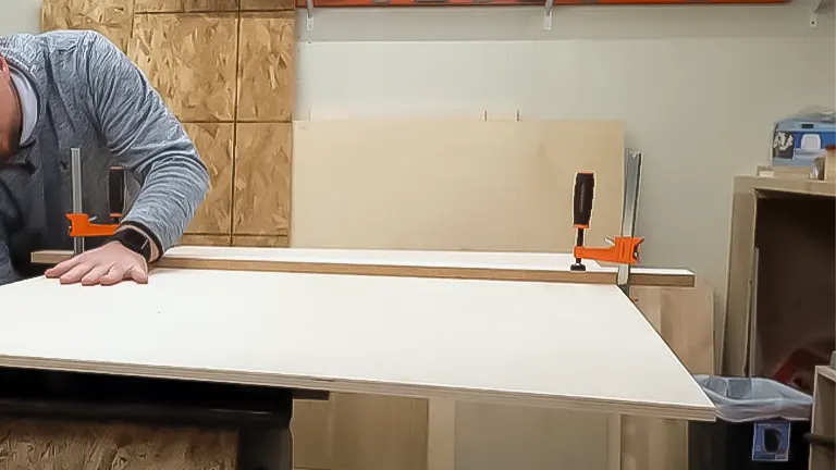 Individual aligning a clamped straight edge on plywood for a precise cut
