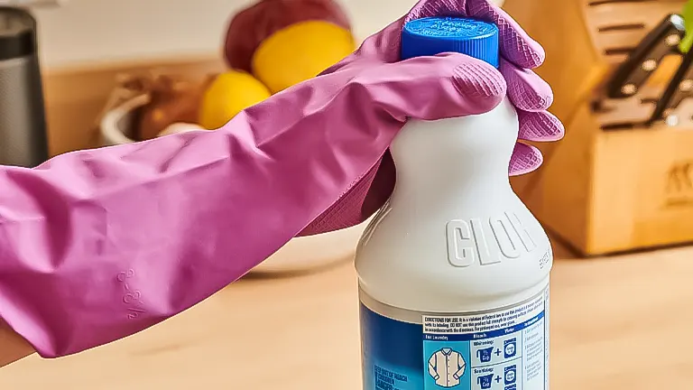 Hand in a purple glove holding a bottle of disinfectant