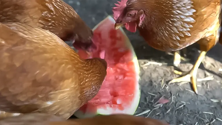 Chickens pecking at a watermelon slice inside a coop